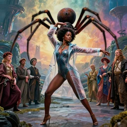 realistic detailed portrait movie shot of a beautiful black woman in a transparent sheer suit raincoat dancing with a giant spider, futuristic sci fi landscape background by denis villeneuve, jean delville, monia merlo, yves tanguy, ernst haeckel, alphonse mucha, max ernst, caravaggio, roger dean, sci fi necklace, masterpiece, dreamy, rich moody colours