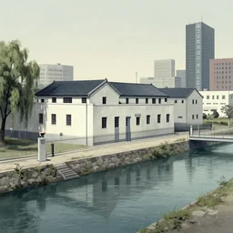 a chinese prison by a river, in the style of junji ito, parts by edward hopper, parts by rodcenko, parts by yue minjun, parts by peter doig, intricate and epic composition, qing dynasty, 4 k, very detailed, insanely quality, line brush, highly detailed, masterpiece, overlaid with chinese adverts