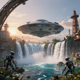 alien spacecraft hovering over beautiful pool waterfalls surrounded by alien robots, steel archways, industrial buildings, rusty metal towers, sun setting, ross tran, fantasy, james jean, peter morbacher, angelarium, alchemy, luxury, heavenly light, soft illumination, trending on artstation, cinematic lighting, digital painting, octane render