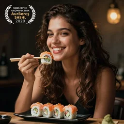 a happy woman eating sushi, concept analytic drawing