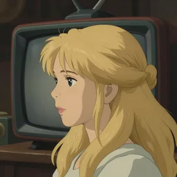 left view woman blond portrait tv on head, art by studio ghibli and greg rutkowski and artgerm and ilya kuvshinov, portrait, d & d, fantasy, highly detailed, digital painting, headshot, trending on artstation, concept art, sharp focus, illustration art by artgerm and greg rutkowski and alphonse mucha