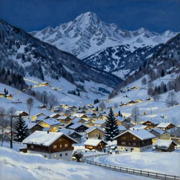 A beautiful landscape painting of a small swiss mountain village in the snow at night by Alfons Maria Mucha and Julie Dillon and Makoto Shinkai