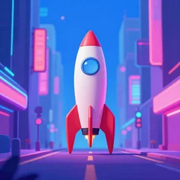 rocket standing on a street in the middle of a cyberpunk city, neon signs, psychedelic, minimalism, clouds, night time, dramatic lighting, flat design, flat colors, in the style of contemporary graphic design