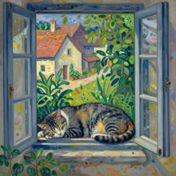 sleeping cat on window, inside house in village, plants, divisionism and pointillism style