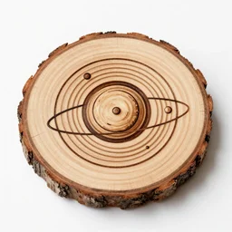 wood engraving of a solar system diagram burned into a slice of log, on a white background