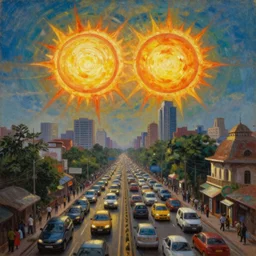 tidalpunk dhaka city under twin suns , Dhaka traffic, realistic painting, classical painting, high definition, digital art, matte painting, vibrant, mystical, fantasy art, very detailed, realistic