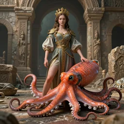 costume design made by salmon and octopus, sophisticated composition, old masters light composition, procedurally generated, character posing for concept art, ancient ruins behind, substance designer, PBR, HD, Ultra detailed, hyperrealistic, megascans, volumetric light, concept by master artist, made in paint tool SAI2, trending pixiv face