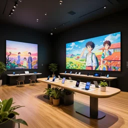 ( ( ( organic sensual warm inviting experiential design flagship samsung store, black walls. timber floor. low ceilings with spots. curved furniture, with large digital screen. display tables with phones and tablets, pots with plants, large digital screens on the walls ) ) ) concept art, vibrant colour, john berkey, beeple, wlop, makoto shinkai, yoji shinkawa, wadim kashin, artstation, 4 k