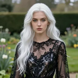 portrait of a woman wearing shiny black transparent lace funeral dress in an english garden, english face, refined features, moon goddess, long snow - white hair by jean gerome, edward hopper and james jean, hyper detail, 8 k, high resolution, ultra detailed