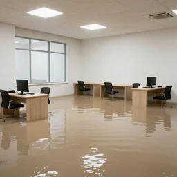 empty dirty office flooded with brown water