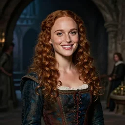 young, freckled, curly haired, redhead natalie portman as a optimistic!!! medieval innkeeper in a dark underground city. dark shadows, colorful, soft light, law contrasts, fantasy portrait by jakub rozalski, jan matejko, and j. dickenson