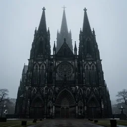 dark ominous black cathedral in the fog from the distance detailed, 8 k