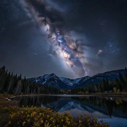 a beautiful double exposure of a deep field astrophotography image by hubble in the sky, and a night time landscape with mountains, forests and a still lake, with reflections, snow, lpoty, award winning, apod, low noise, detailed, sharp