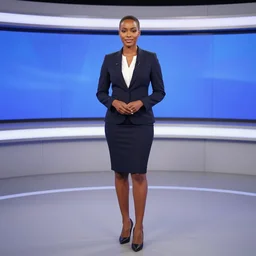 a full - body shot of a beautiful, african - american female news reporter, with a buzzcut, ultra hd, high definition, high quality, crisp, sharp, smooth, 8 k resolution
