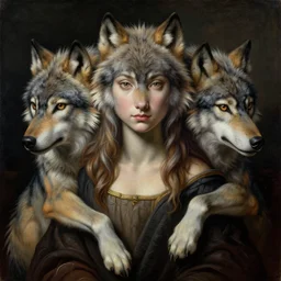 Half human, half wolf, symetry, very detailed, painting in style of Leonardo Da Vinci