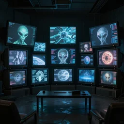 a dimly lit room with a wall of televisions and computer screens showing images of aliens, planets and data. Cyberpunk vibes. Sci-fi. Realistic photography art. Zack Snyder. DSLR. 8k Resolution. VRay
