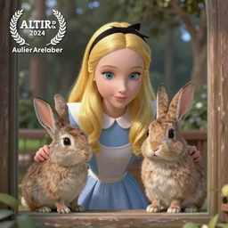 Alice and the rabbit not looking through the glass, highly detailed, digital art. award winning.