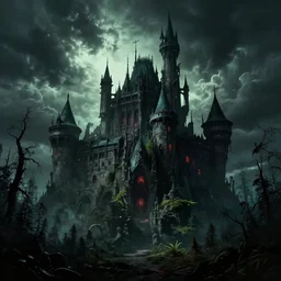 cyberpunk futuristic spooky castle in forest, dramatic sky, contrasty art by greg rutkowski and synthwave