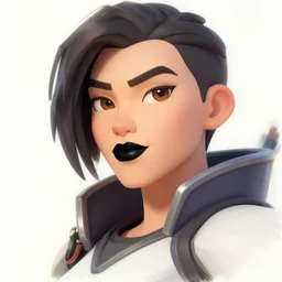 “ digital drawing of tracer from overwatch in 3 d style, wearing black lipstick and black eyeliner, goth outfit, black hair, 4 k, detailed face, smirky expression ”