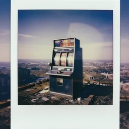 a slot machine on top of an abandoned sky scraper, liminal space, old polaroid,
