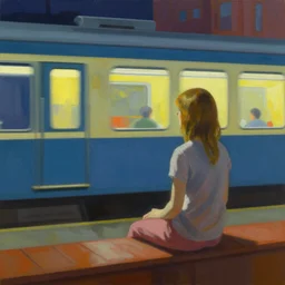 lone girl waiting for the train in a half remembered dream, vibrant colors americana, cinematic, volumetric lighting, realistic, detailed, painting in the style of Edward Hopper