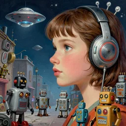 zoomed out profile face portrait of a girl tin toy robots, 1 9 5 0 s scifi, ufo, flying saucer, moon, meninblack, steampunk, alley, streets, nicoletta ceccoli, mark ryden, lostfish, max fleischer, hyper realistic, artstation, illustration, digital paint, matte paint, vivid colors, detailed and intricate environment