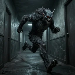 monster running down the halls, design by junji ito, 3d render, dark lighting, dynamic perspective