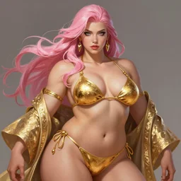 painted realist portrait of thick rugged sensual zarya from overwatch wearing bikini gold paint by ruan jia greg rutkowski, [ long pink hair ] clear face majestic muscular physique beautiful powerful handsome robe fantasy intricate elegant detailed digital painting concept art artstation sharp focus illustration