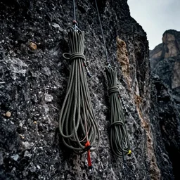 1 9 2 0 s photography of climbing rope hanging in a wall in the dolomites, photographed from below, dark, eerie, grainy