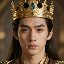 realistic portrait of the future king with golden crowns and pretty eyes, ultra realistic, 8k