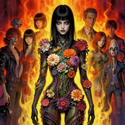 dark woman hacker, a lot of flowers and wires on body, by francis bacon, by ayami kojima, by amano, by karol bak, greg hildebrandt, by mark brooks, by alex grey, by zdzisław beksinski, by takato yamamoto, radiant colors, ultra detailed, high resolution, wrapped thermal background