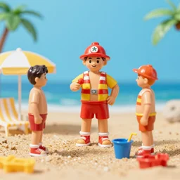 little lifeguard men on a plastic beach, macrophotography, 8 k resolution, hyperrealism