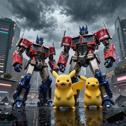 pokemon battles transformers in a cycberpunk city with storm clouds and rain, reflections, 4k