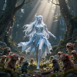 auril from rime of the frostmaiden surrounded by harmless tiny kobolds, screaming for her life