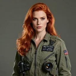 epic professional digital portrait art of attractive thin redhead woman wearing airforce jumpsuit, 4 5 mm lens, facing front, by neal adams, artstation, cgsociety, wlop, epic, much wow, much detail, gorgeous, detailed, cinematic, masterpiece