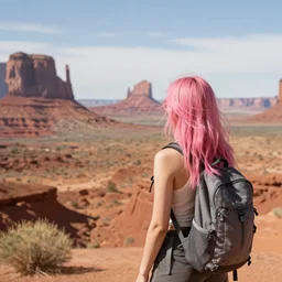 a young woman with long pink hair looking at monument valley, hiking clothes, tank top, backpack, utah, monument valley in background, cinematic, beautiful, stunning, day time, epic, 8 k