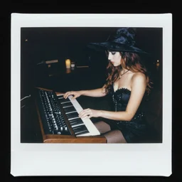 realistic detailed polaroid photograph of sexy witches worshipping a synthesizer