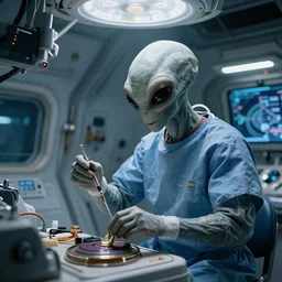 grey alien doing a surgeon in space ship, by greg rutkowski, canon eos c 3 0 0, ƒ 1. 8, 3 5 mm, 8 k, medium