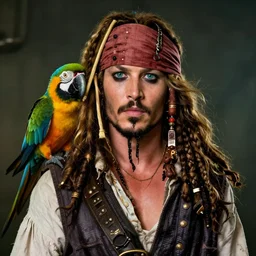 margot robbie as jack sparrow with a parrot on the shoulder, realistic portrait, 8k resolution, hyper detailed, studio lighting, cinematic