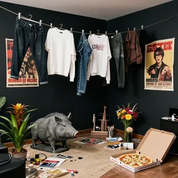 photograph of emo clothes drying in a messy kpop idol's apartment, art supplies, propaganda poster, a large stone wild boar sculpture, ikebana, black walls, bromeliad, empty vegan pizza box
