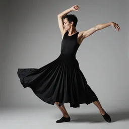 a photo of a man dancing in a black Issey Miyake dress