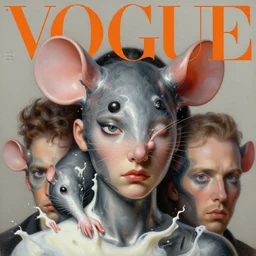 3 d, close - up, frown fashion model rat ears, liquid metal and milk, vogue cover style, poster art, hyper detail, intricate oil painting, multiple exposure, rene magritte mood, 3 d by tooth wu and wlop and beeple and greg rutkowski