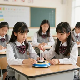 High school girls, wearing school uniform, build a time machine in their classroom