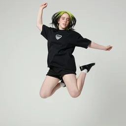 paparazzi photo of Billie Eilish jumping for no reason, highly detailed skin