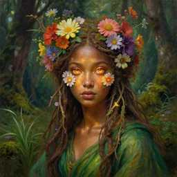 portrait of a magical forest dryad, flowers on heir cheeks, very big eyes, dressed in green a robe, colorful flowers growing from her head, branches growing as hair, brown skin like soil, glowing ember eyes, golden sunlight, queen of the forest, extremely detailed, hyperrealistic, photo by annie leibovitz, masterpiece, award-winning, mythological, mossy, grass, oil on canvas