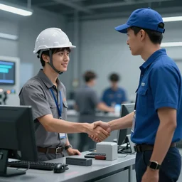 engineer shaking hands with a courier, high tech equipment, long shot, motion blur, sharp focus, illustration, highly detailed, photorealistic, artstation, octane render, unreal engine,