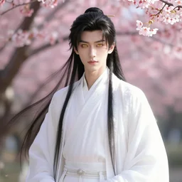a young beautiful prince, golden eyes, long black hair, white hanfu, elegant, intricate, backlit, incredible lighting, strong rim light, subsurface scattering, hyper realistic anime, HDRI, vivid colors, high contrast, unreal engine, cgsociety, octane render, beautiful landscape, cherry trees, highly detailed digital painting, by Heise Jinyao, Heise-Lian Yan Fang, Feimo, Rossdraws, Sakimichan, trending on artstation, 8k
