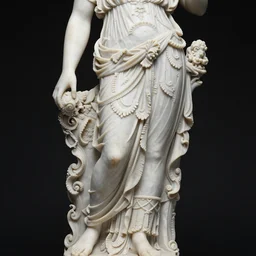 a complex and baroque statue of the goddess Astarte in white marble, intrincate and ornate, studio lighting, product photography, 4k, black background, 90mm, sharp focus