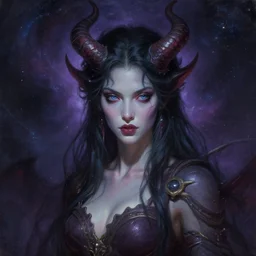 a beautiful cosmic demoness, painted by artgerm and tom bagshaw, fantasy art, dramatic lighting, highly detailed oil painting