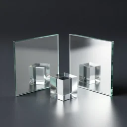 a small glass cube standing between two square mirrors standing parallel to each other refracting each other recursively on a table, octane render 8 k, 4 k